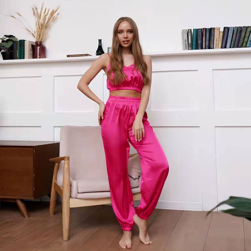 JuliaFashion - 2024 Satin Silk Sexy Sleepwear Pyjamas Short Bra+Long Pants Set