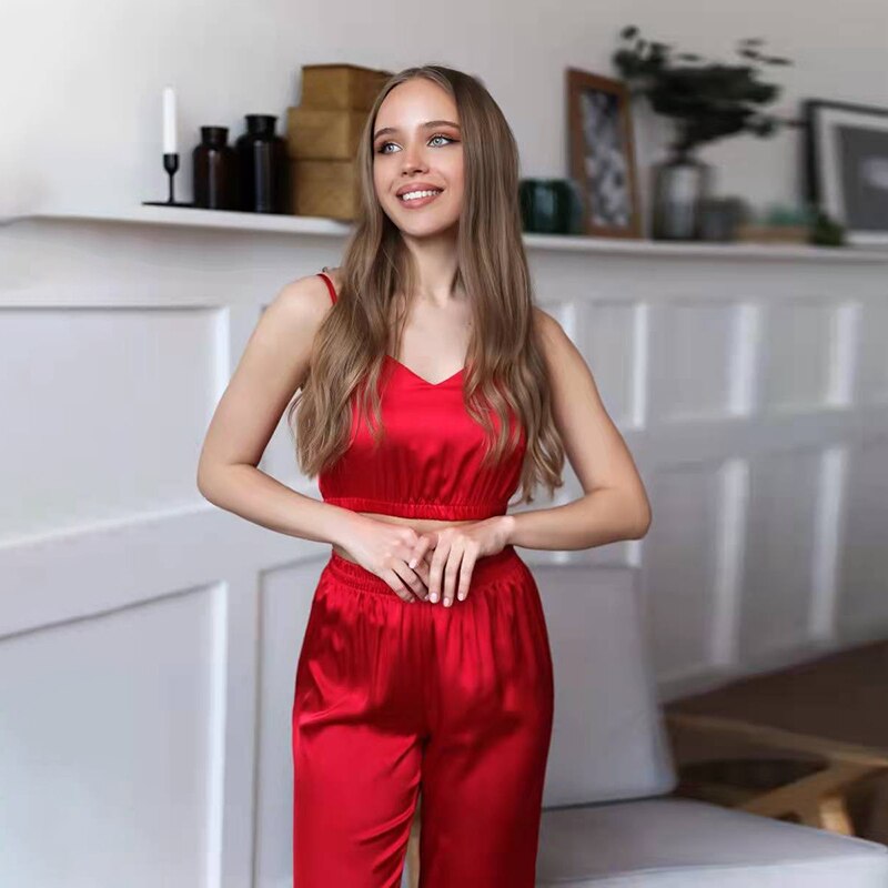 JuliaFashion - 2024 Satin Silk Sexy Sleepwear Pyjamas Short Bra+Long Pants Set