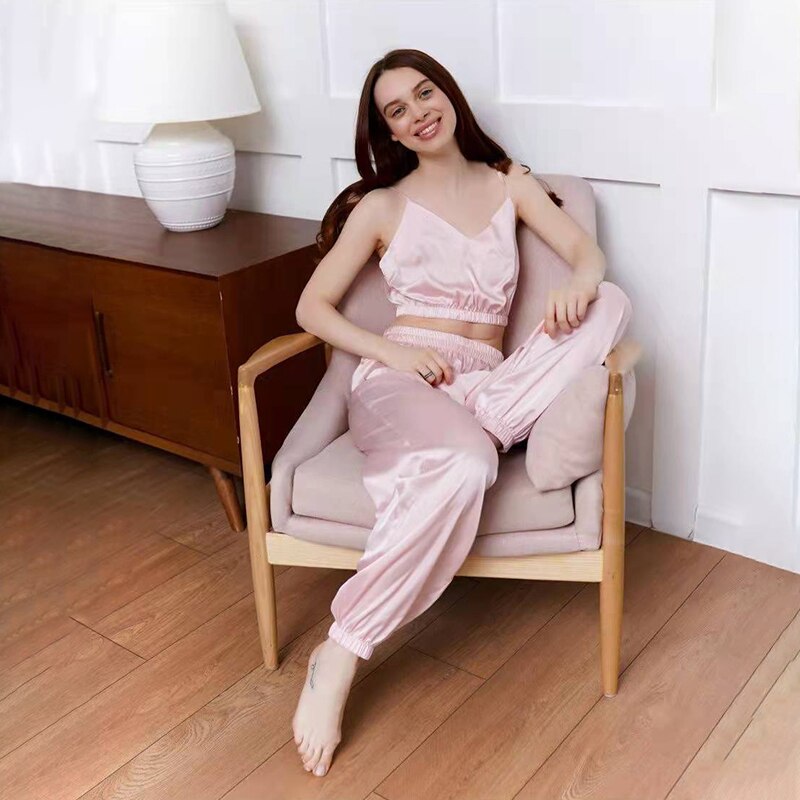 JuliaFashion - 2024 Satin Silk Sexy Sleepwear Pyjamas Short Bra+Long Pants Set
