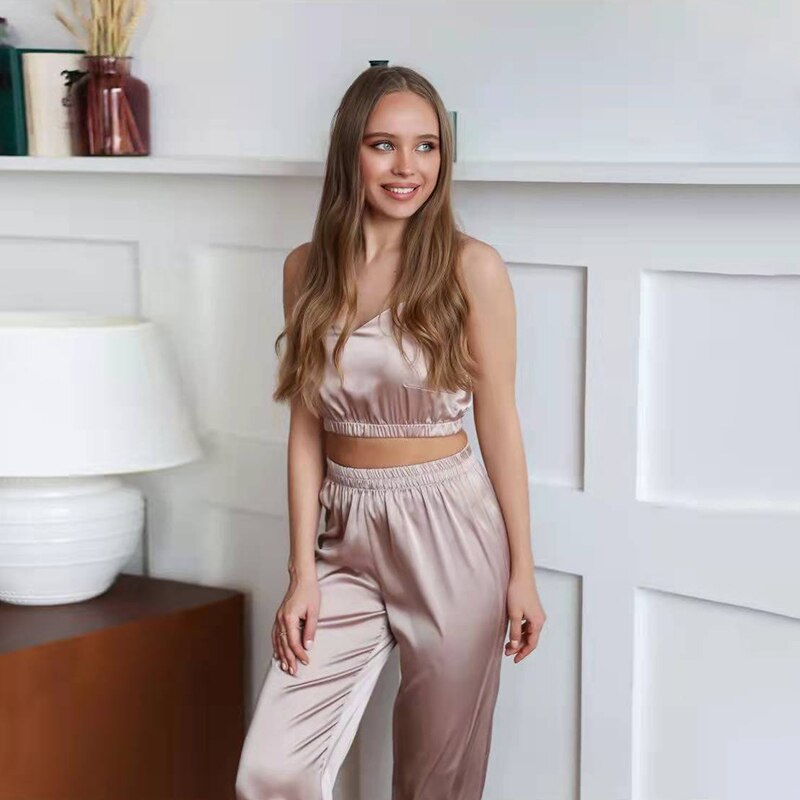 JuliaFashion - 2024 Satin Silk Sexy Sleepwear Pyjamas Short Bra+Long Pants Set