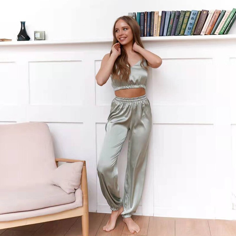 JuliaFashion - 2024 Satin Silk Sexy Sleepwear Pyjamas Short Bra+Long Pants Set