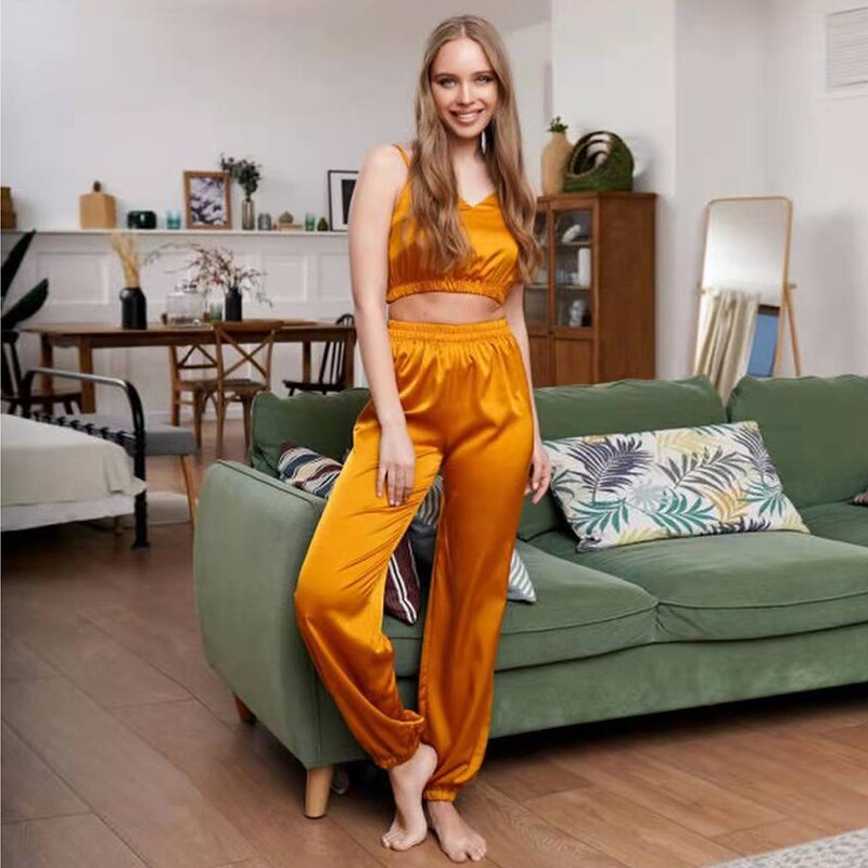 JuliaFashion - 2024 Satin Silk Sexy Sleepwear Pyjamas Short Bra+Long Pants Set
