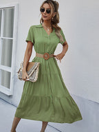JuliaFashion - 2024  Solid Ruffles A-line Casual V-neck High Waist Shirt Dress
