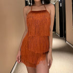 JuliaFashion - Sexy Halter Backless Fringe Mini Dress
