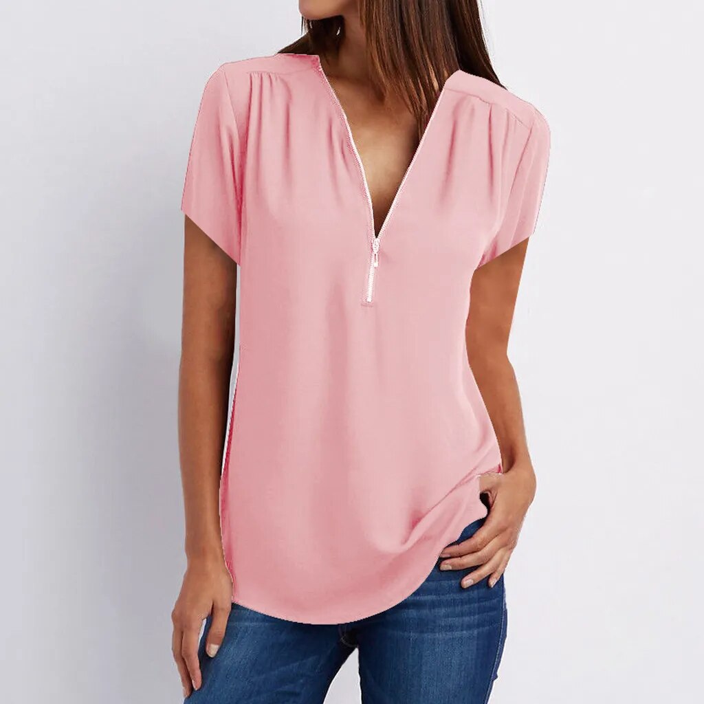 JuliaFashion - 2024 Zipper V Neck Summer Blouses