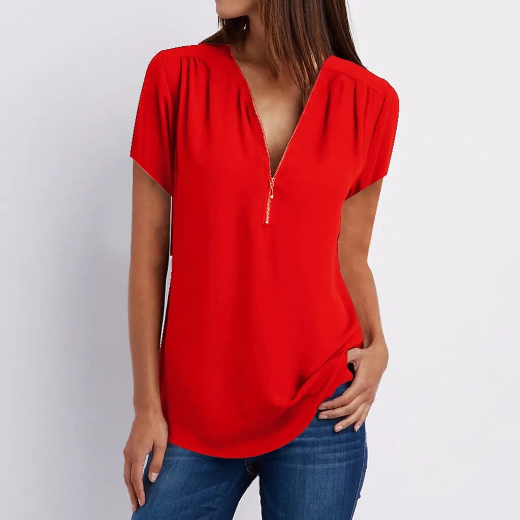 JuliaFashion - 2024 Zipper V Neck Summer Blouses