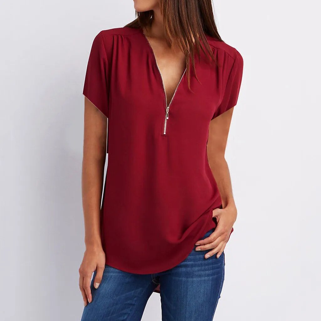 JuliaFashion - 2024 Zipper V Neck Summer Blouses