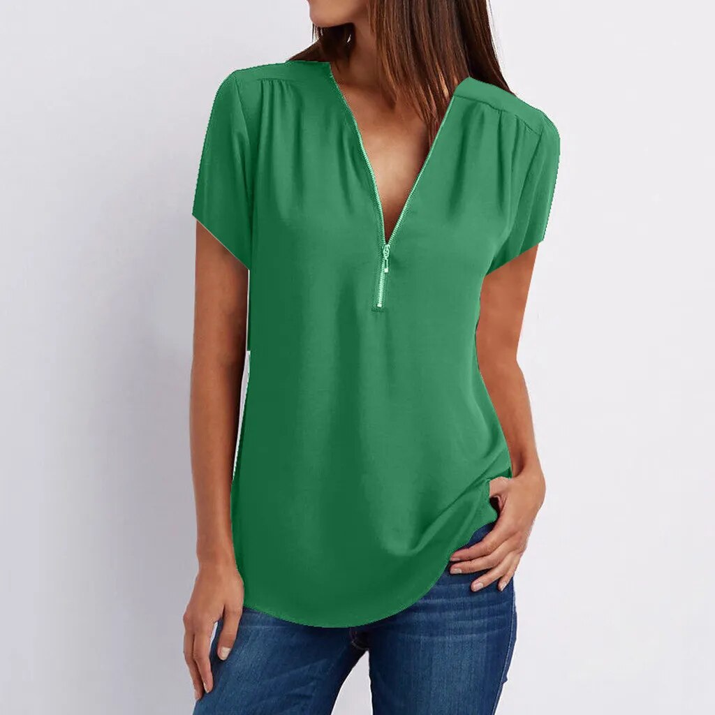JuliaFashion - 2024 Zipper V Neck Summer Blouses