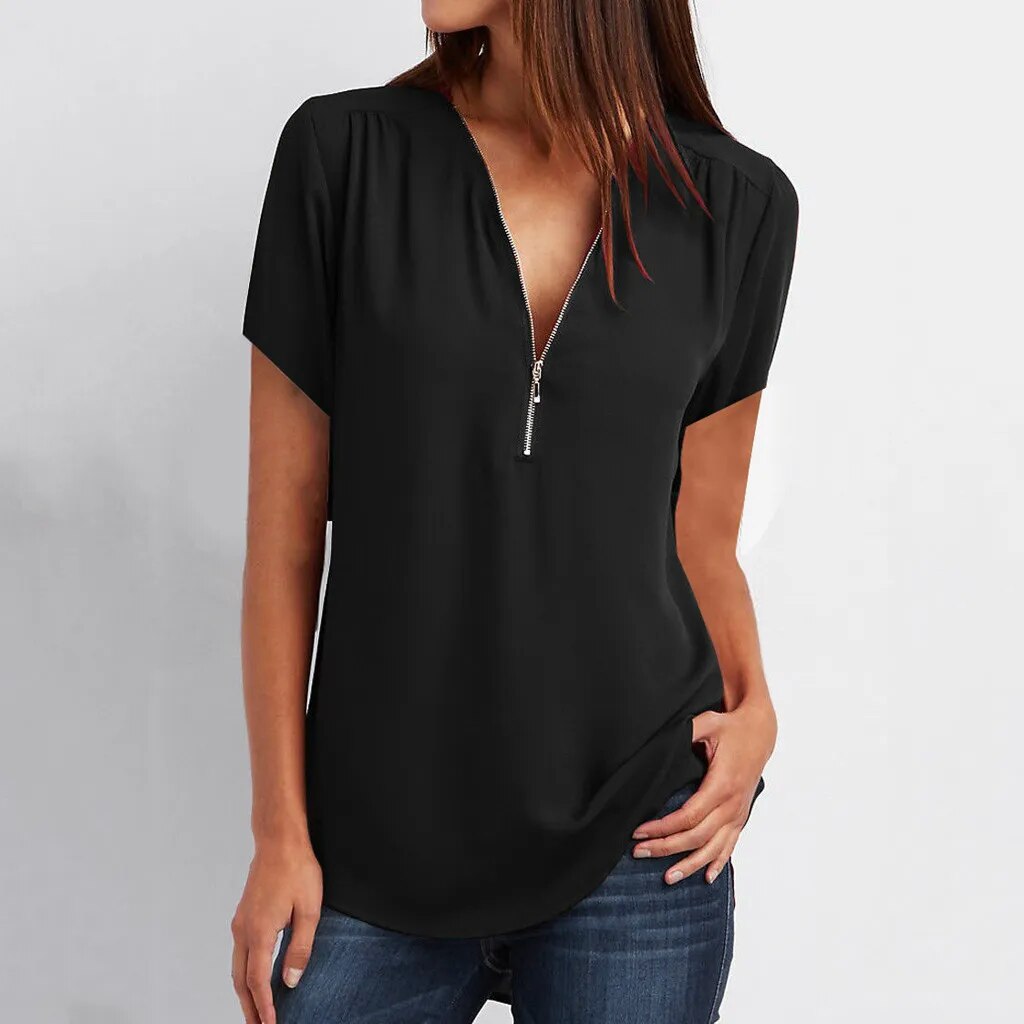 JuliaFashion - 2024 Zipper V Neck Summer Blouses