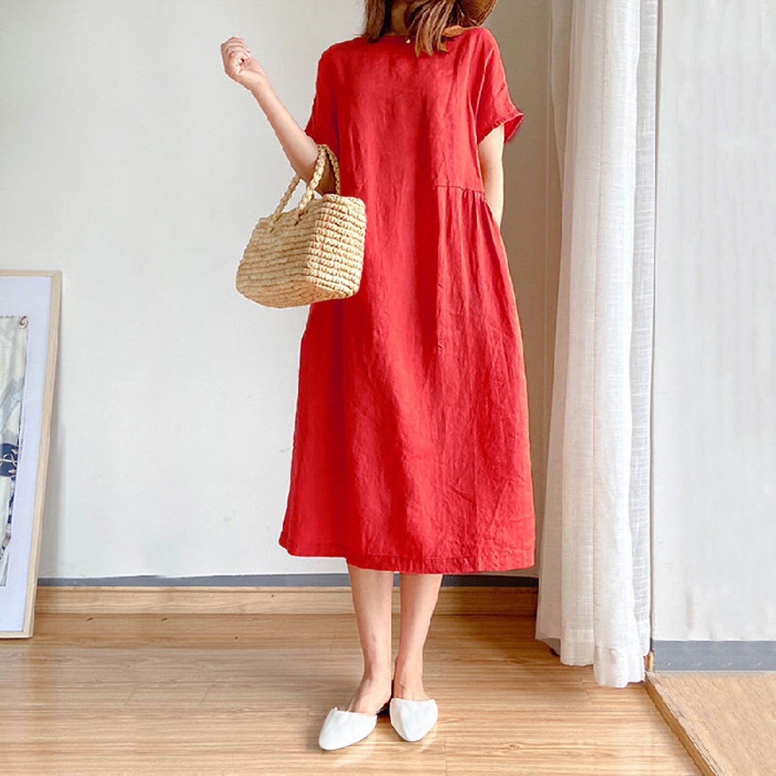 JuliaFashion - Short Sleeve Casual Loose Midi Dress