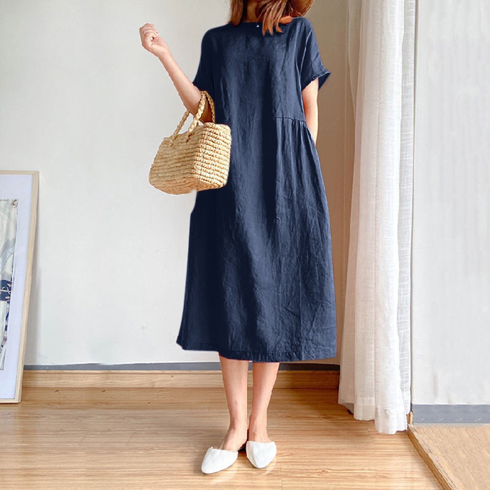 JuliaFashion - Short Sleeve Casual Loose Midi Dress