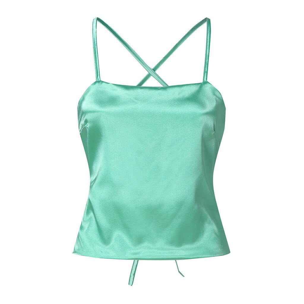 JuliaFashion - Sexy Lace-Up Satin Silk Cami Tops