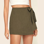 JuliaFashion-Cotton Linen High Waist Lace-up Shorts