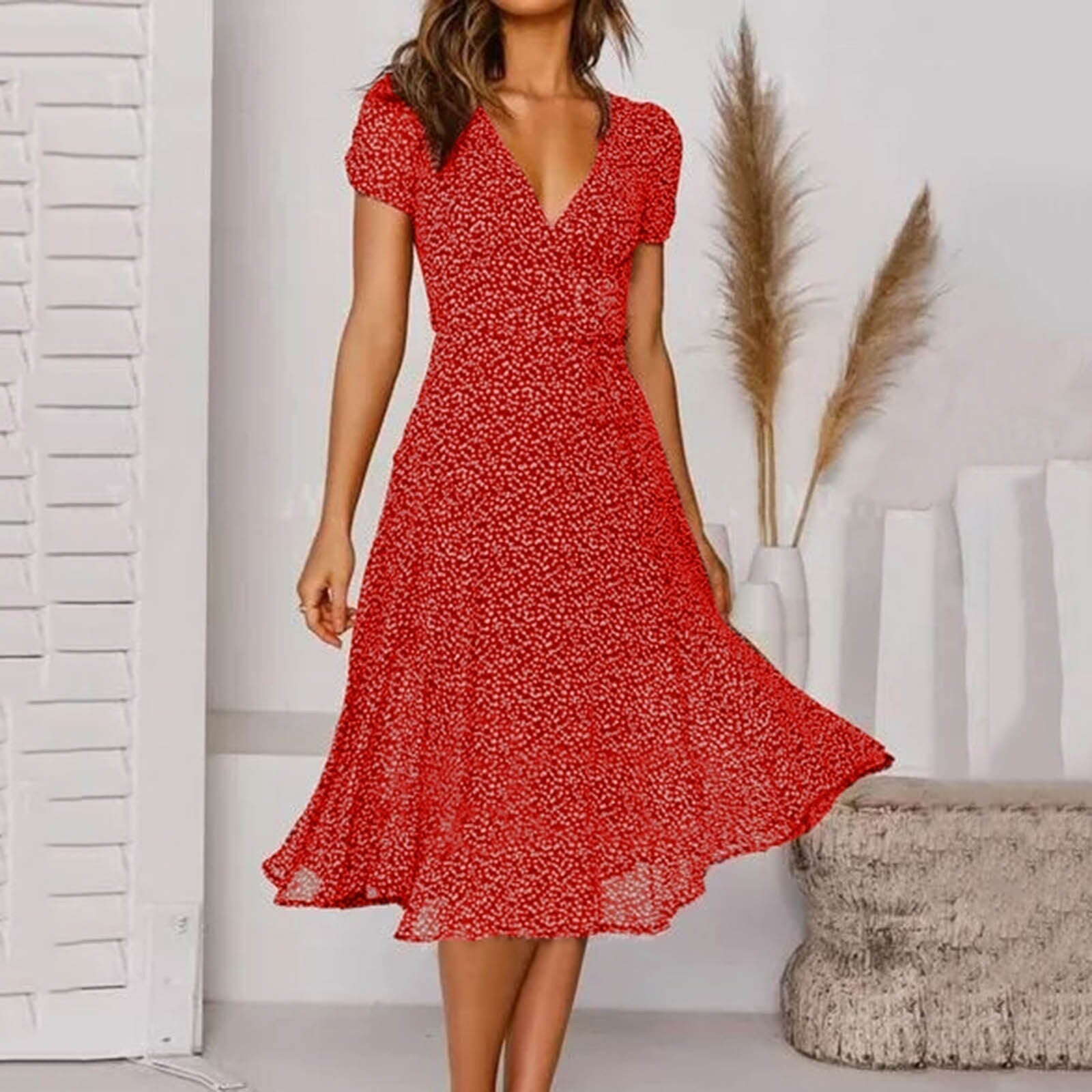 JuliaFashion-Polka Dot A-Line Boho Midi Dress