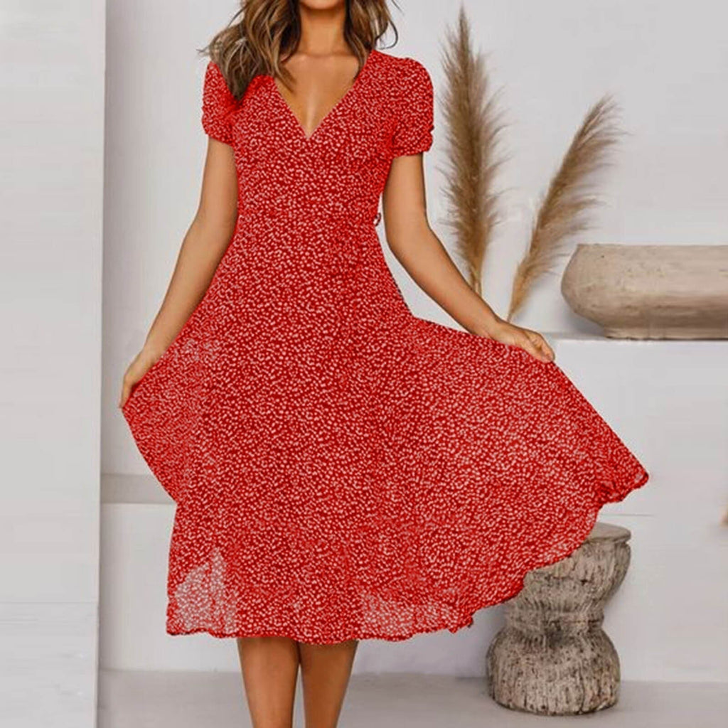 JuliaFashion-Polka Dot A-Line Boho Midi Dress