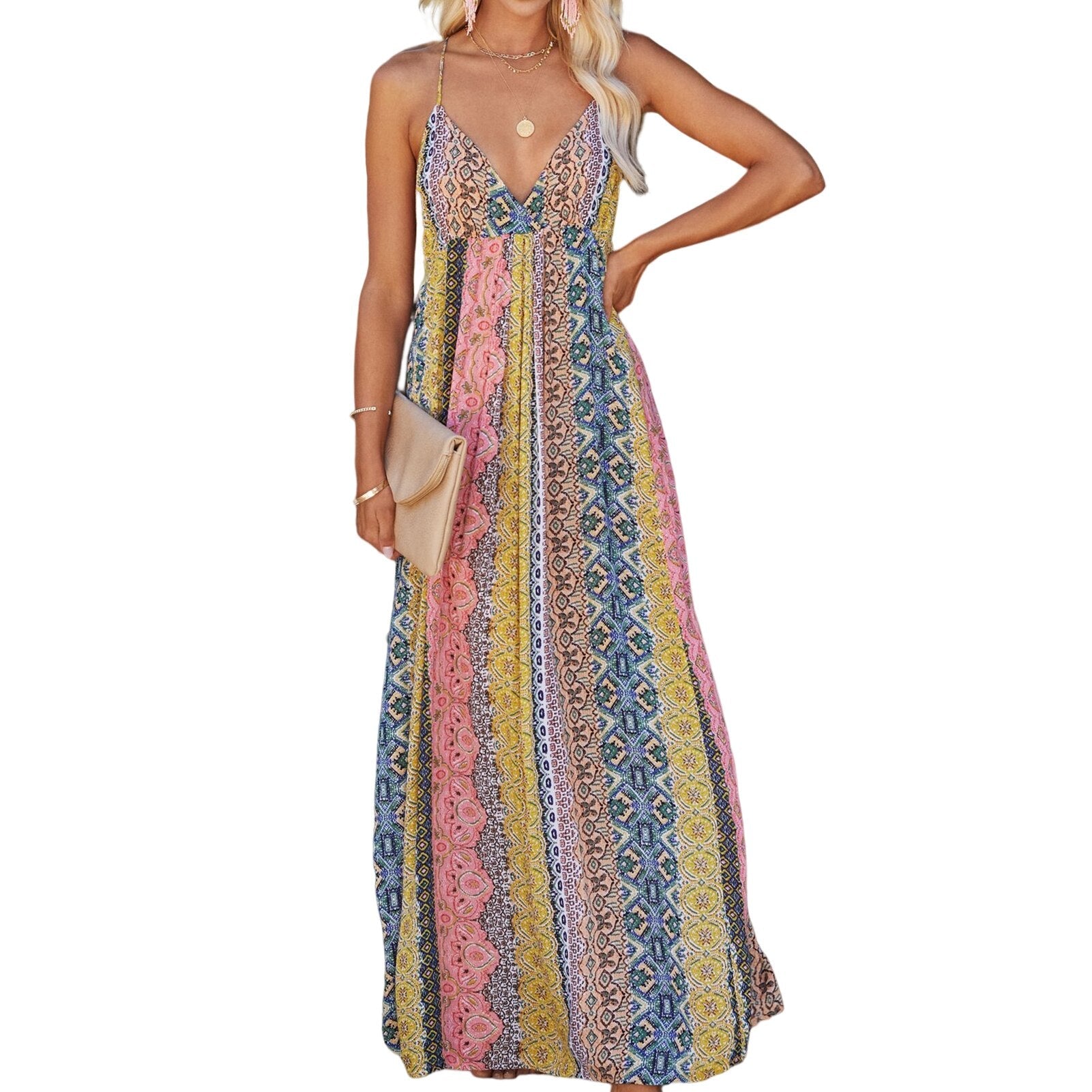 JuliaFashion-Boho Style Backless A-Line Maxi Dress