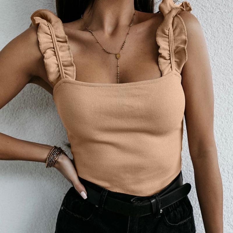 JuliaFashion - 2024 Women Square Collar Casual Basic Ribbed Slim Ruffles Tops