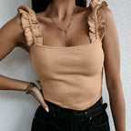 JuliaFashion - 2024 Women Square Collar Casual Basic Ribbed Slim Ruffles Tops