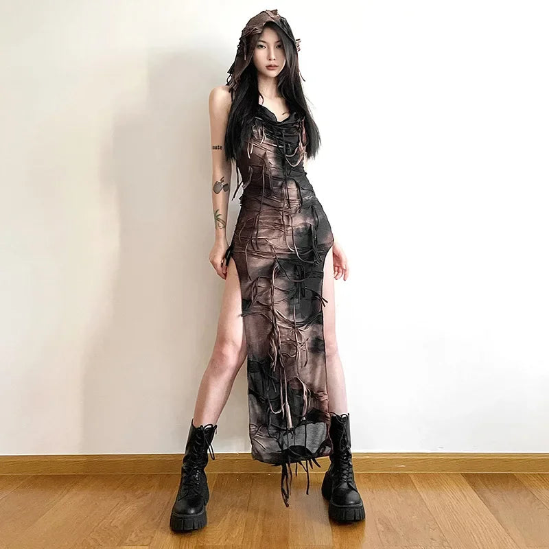 Tassel Midi Y2K Dye Dress Gothic Tie Grunge Hooded High Fairy Vintage Split Sexy Sleeveless Dress