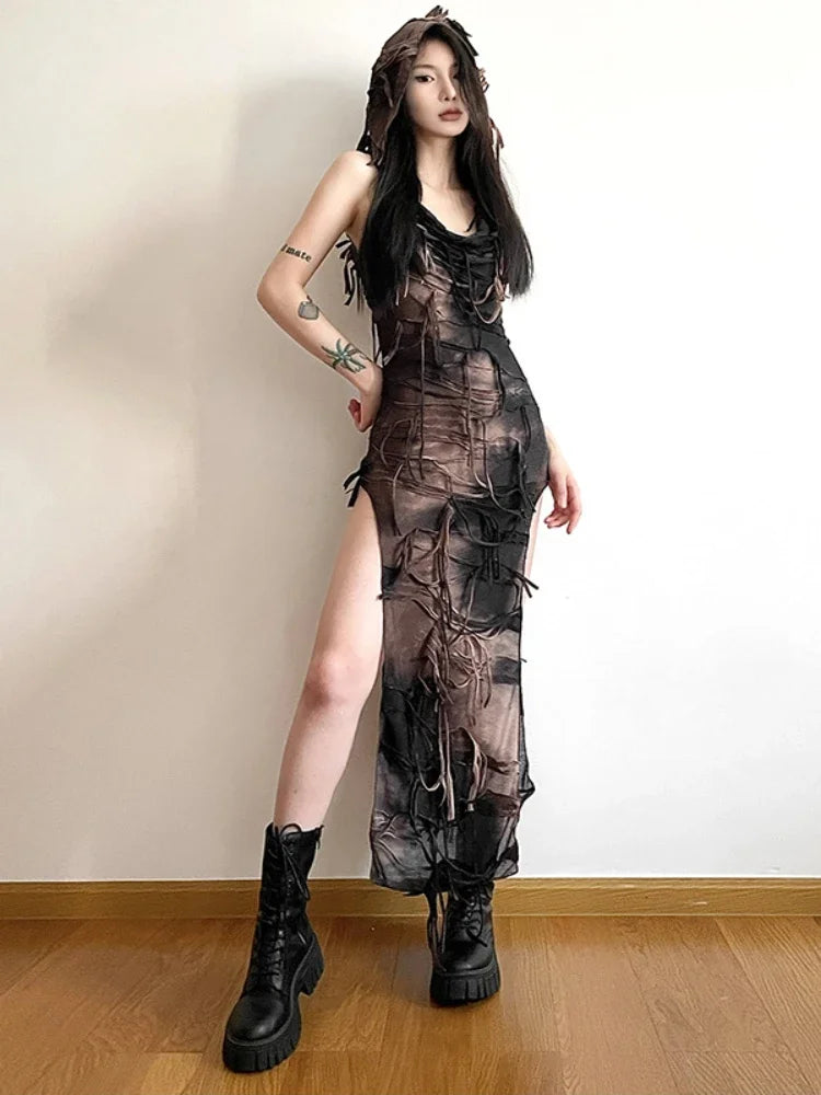 Tassel Midi Y2K Dye Dress Gothic Tie Grunge Hooded High Fairy Vintage Split Sexy Sleeveless Dress