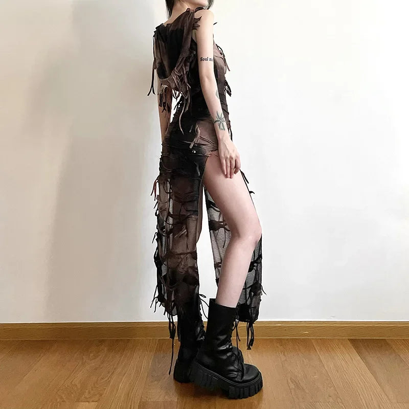 Tassel Midi Y2K Dye Dress Gothic Tie Grunge Hooded High Fairy Vintage Split Sexy Sleeveless Dress