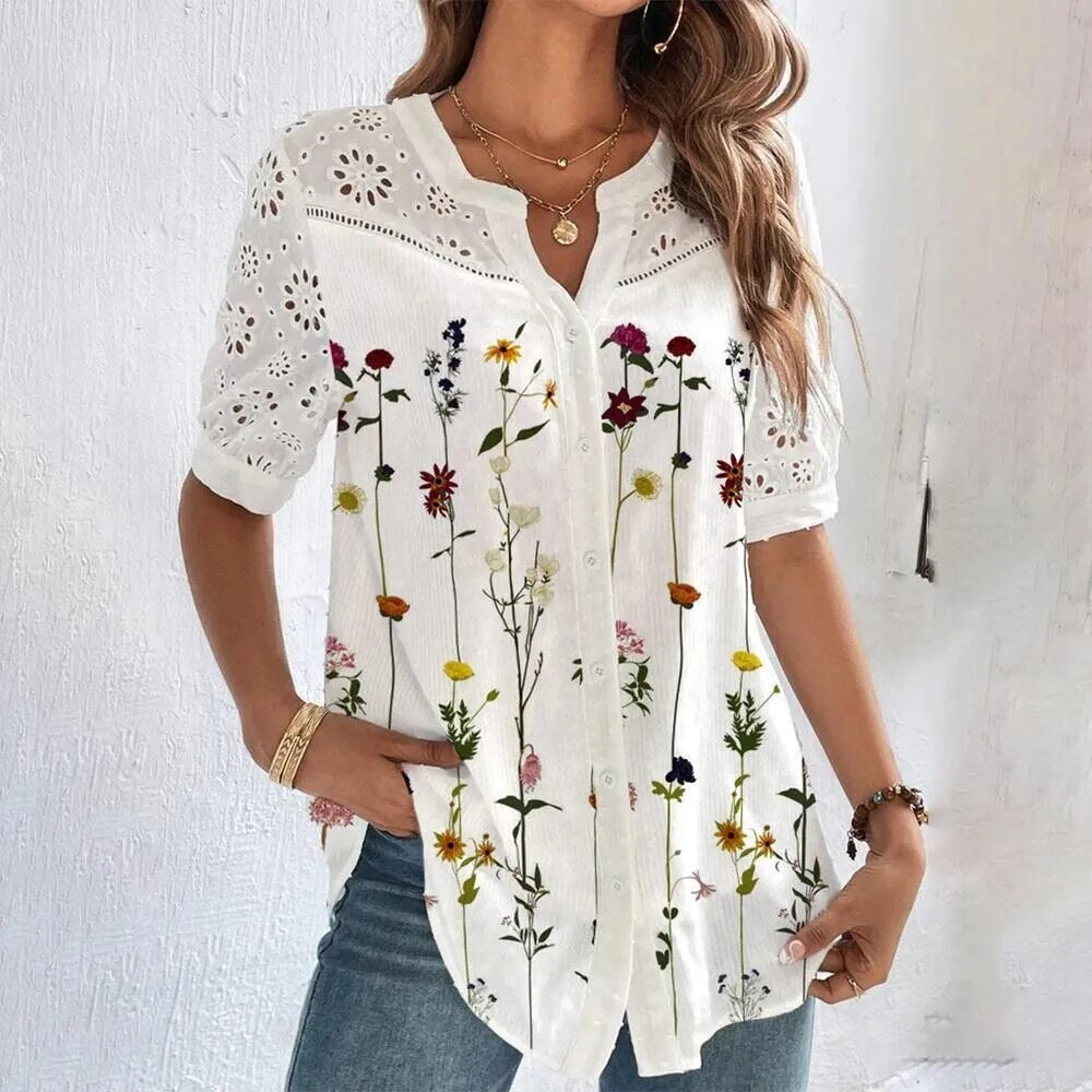 JuliaFashion-Elegant Lace Short Sleeve Blouses