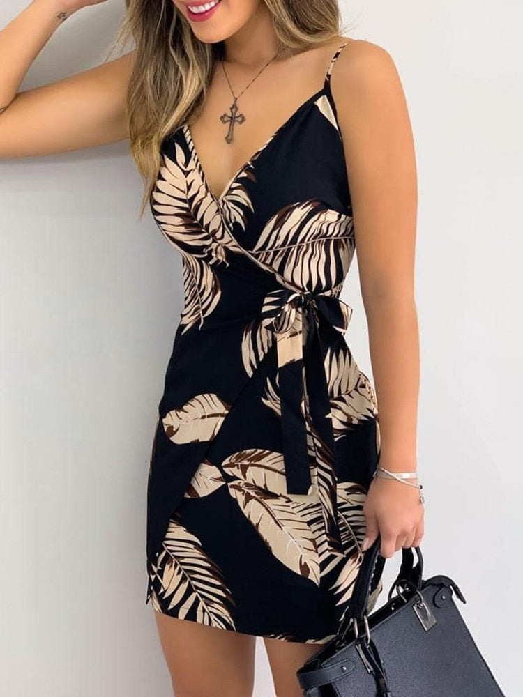 JuliaFashion - 2024 Tropical Print V-Neck Wrap Casual Holiday Dress