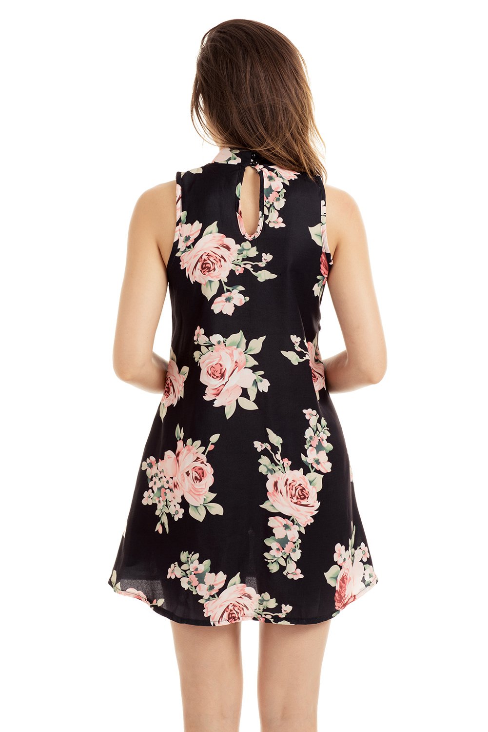 JuliaFashion - V Cut out Blooming Floral Print Black Background Dress