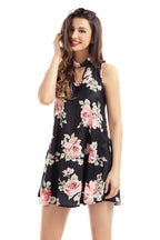 JuliaFashion - V Cut out Blooming Floral Print Black Background Dress