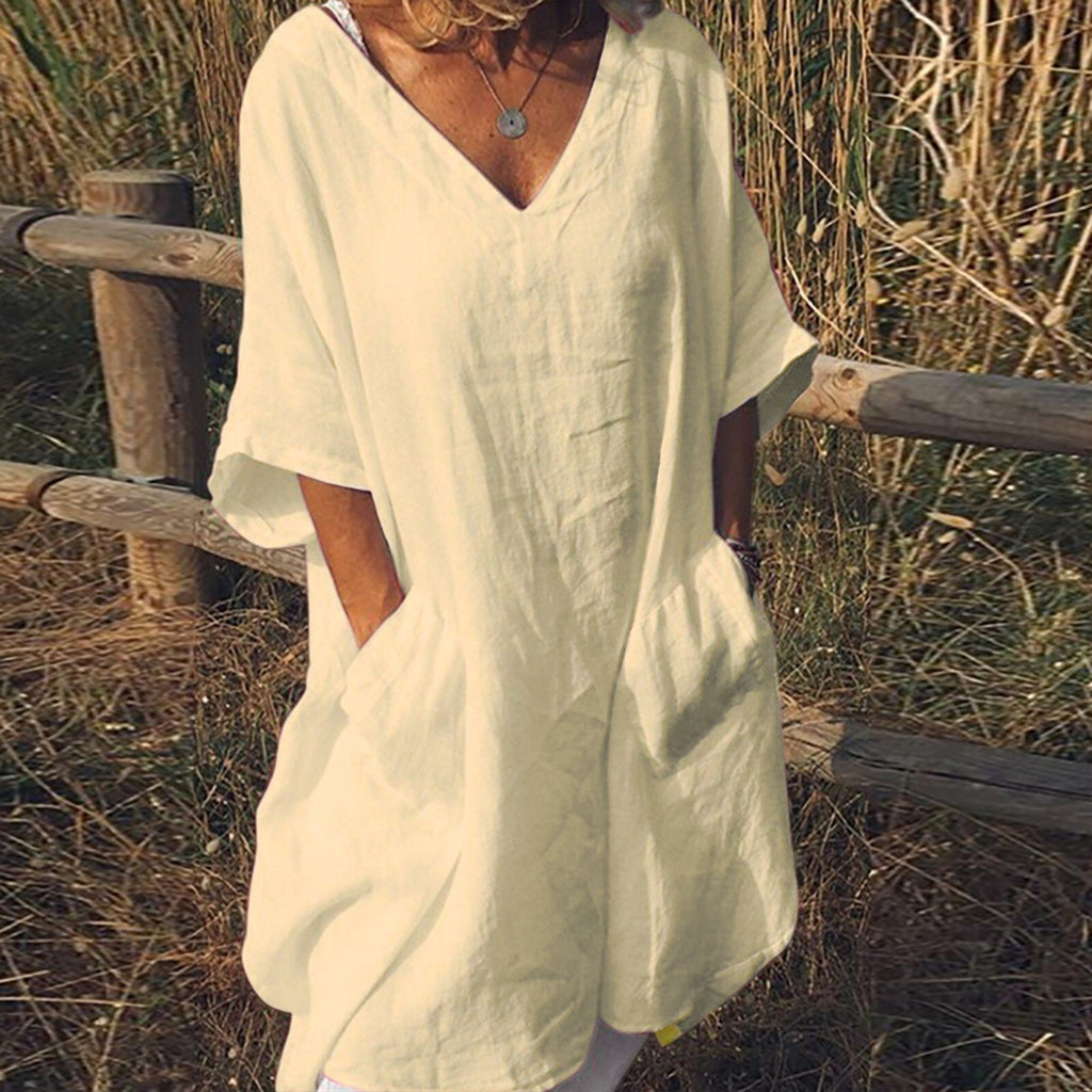 JuliaFashion-Oversize V-Neck Short Sleeve Summer Dress