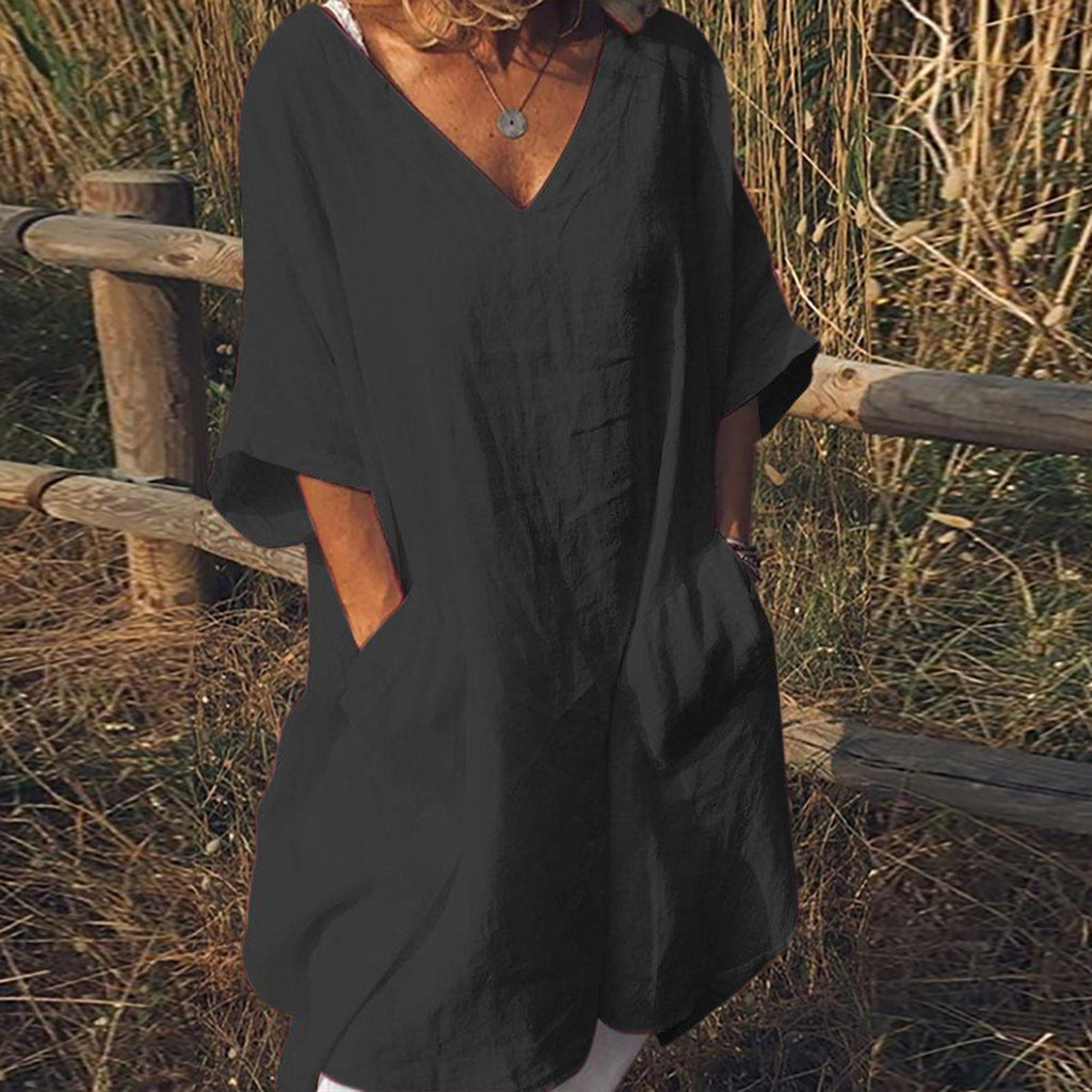 JuliaFashion-Oversize V-Neck Short Sleeve Summer Dress