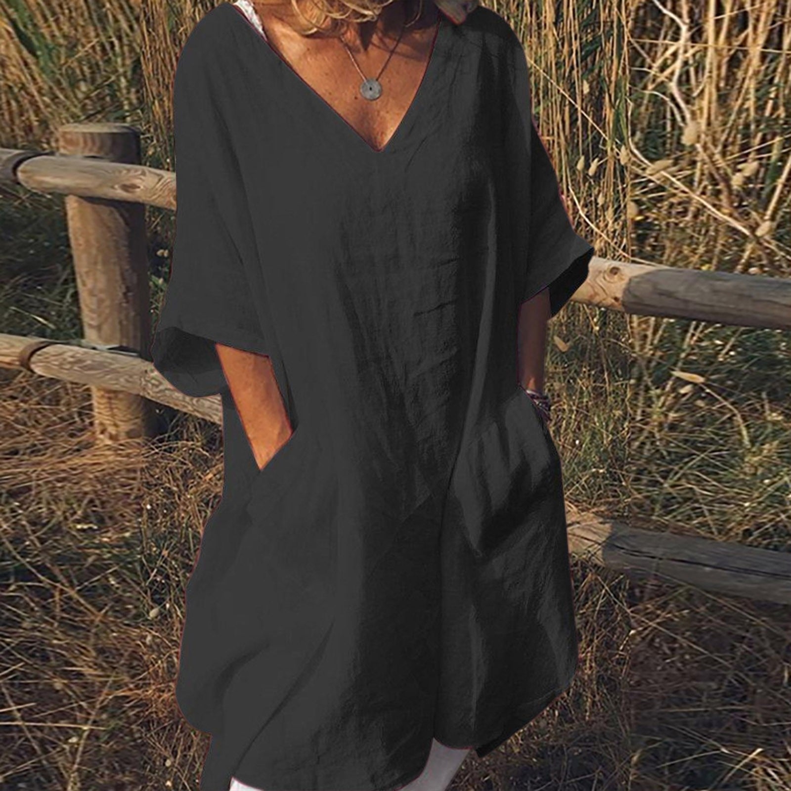 JuliaFashion-Oversize V-Neck Short Sleeve Summer Dress