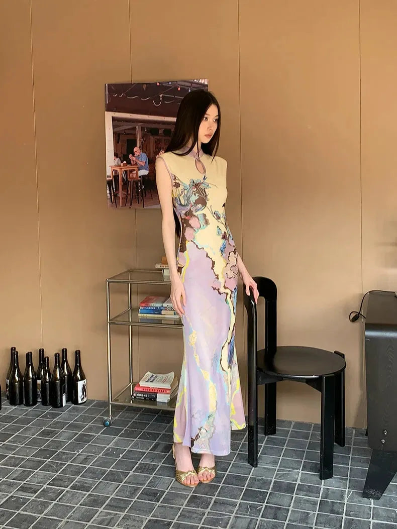 Vintage Floral Cut Out Maxi Dress