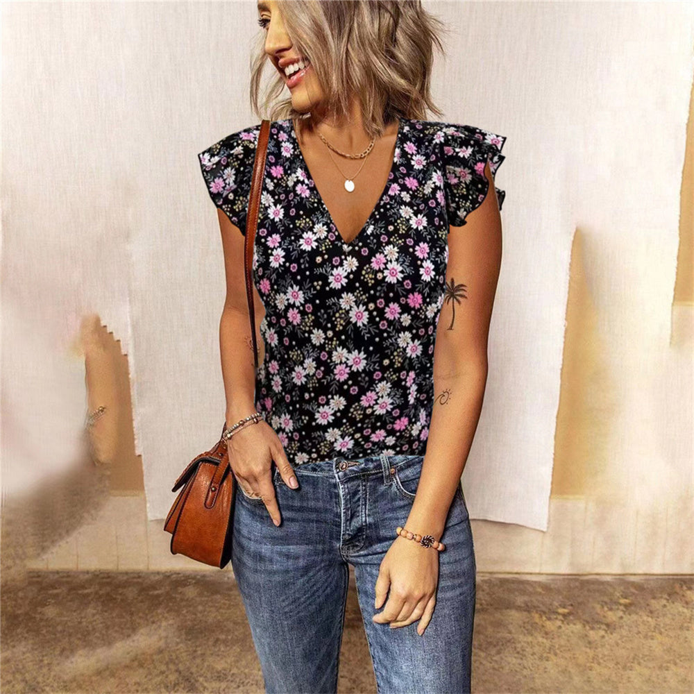 JuliaFashion - 2024 Vintage Floral Print Ruffle V Neck Short Sleeve Streetwear Tank Top