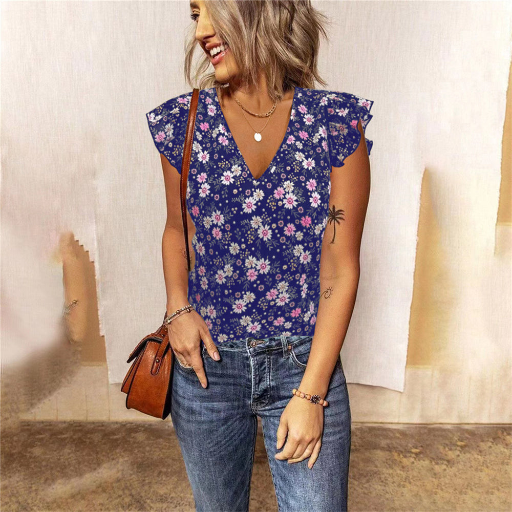 JuliaFashion - 2024 Vintage Floral Print Ruffle V Neck Short Sleeve Streetwear Tank Top