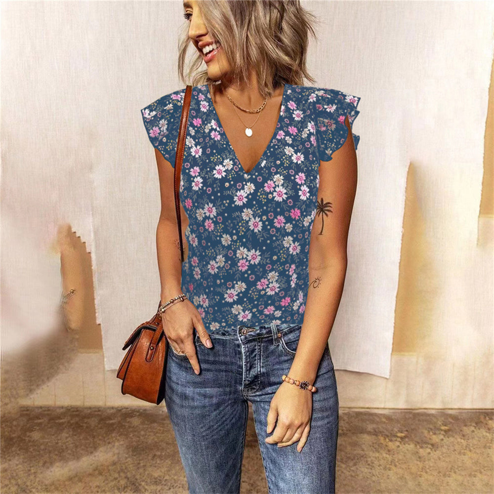 JuliaFashion - 2024 Vintage Floral Print Ruffle V Neck Short Sleeve Streetwear Tank Top
