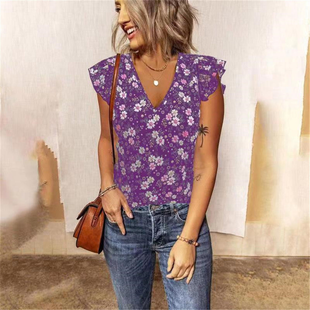JuliaFashion - 2024 Vintage Floral Print Ruffle V Neck Short Sleeve Streetwear Tank Top