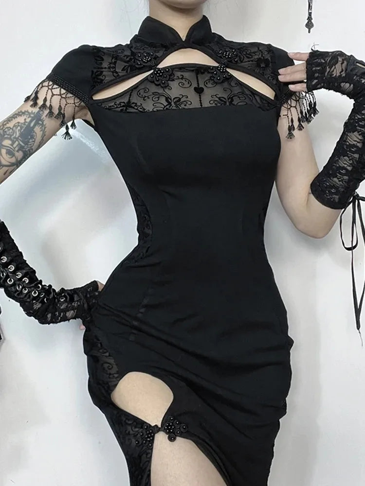 Vintage Gothic Fishtail Long Slit Cheongsam Retro Dark Bodycon Slim Qipao Traditional Costumes Dress