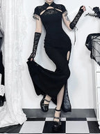 Vintage Gothic Fishtail Long Slit Cheongsam Retro Dark Bodycon Slim Qipao Traditional Costumes Dress