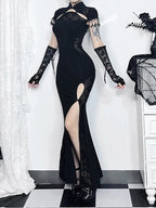 Vintage Gothic Fishtail Long Slit Cheongsam Retro Dark Bodycon Slim Qipao Traditional Costumes Dress