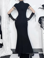 Vintage Gothic Fishtail Long Slit Cheongsam Retro Dark Bodycon Slim Qipao Traditional Costumes Dress