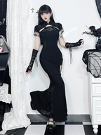 Vintage Gothic Fishtail Long Slit Cheongsam Retro Dark Bodycon Slim Qipao Traditional Costumes Dress
