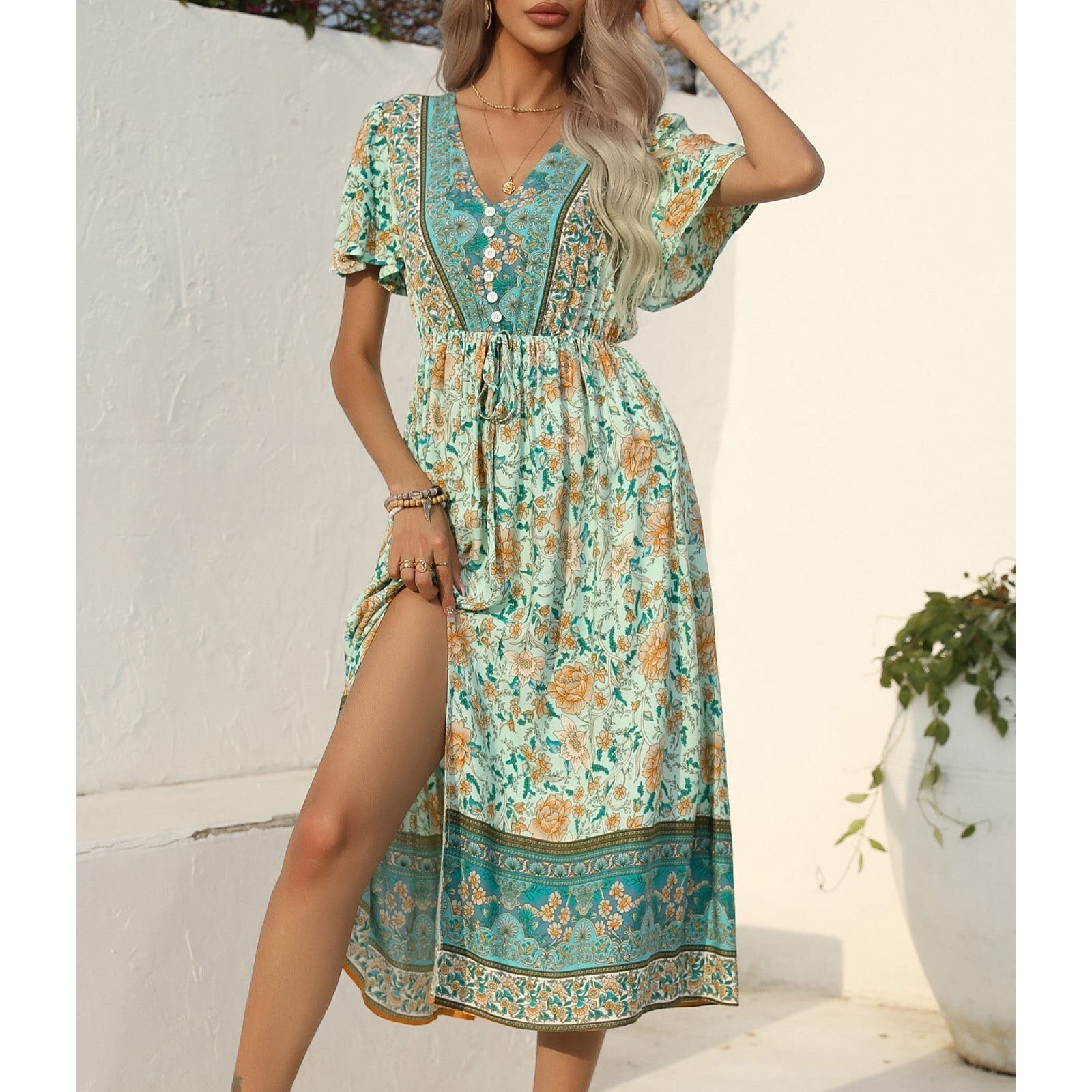 JuliaFashion-2024 Casual Printing Waist Tie-Up Boho Dress