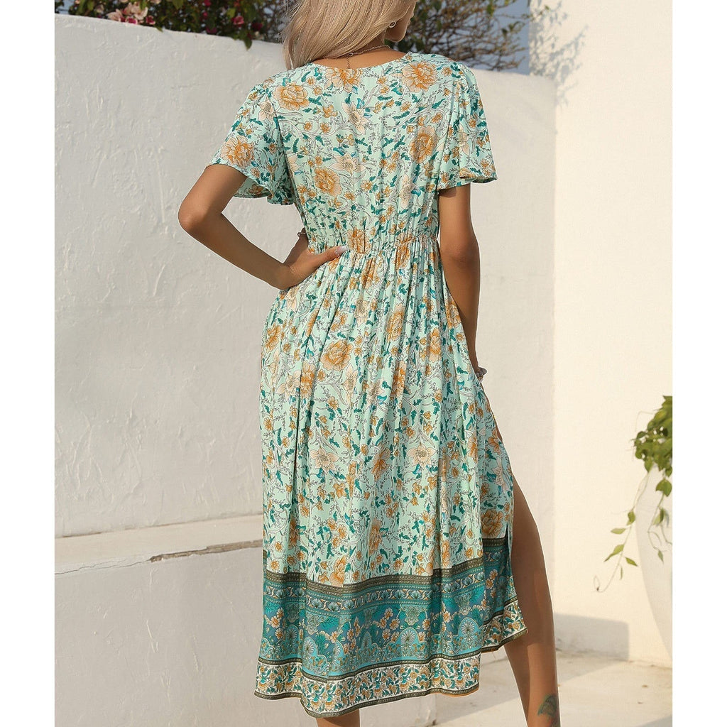 JuliaFashion-2024 Casual Printing Waist Tie-Up Boho Dress