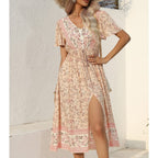JuliaFashion-2024 Casual Printing Waist Tie-Up Boho Dress