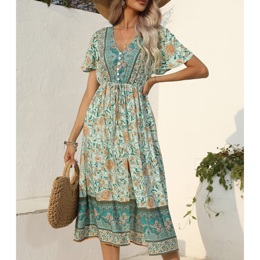 JuliaFashion-2024 Casual Printing Waist Tie-Up Boho Dress