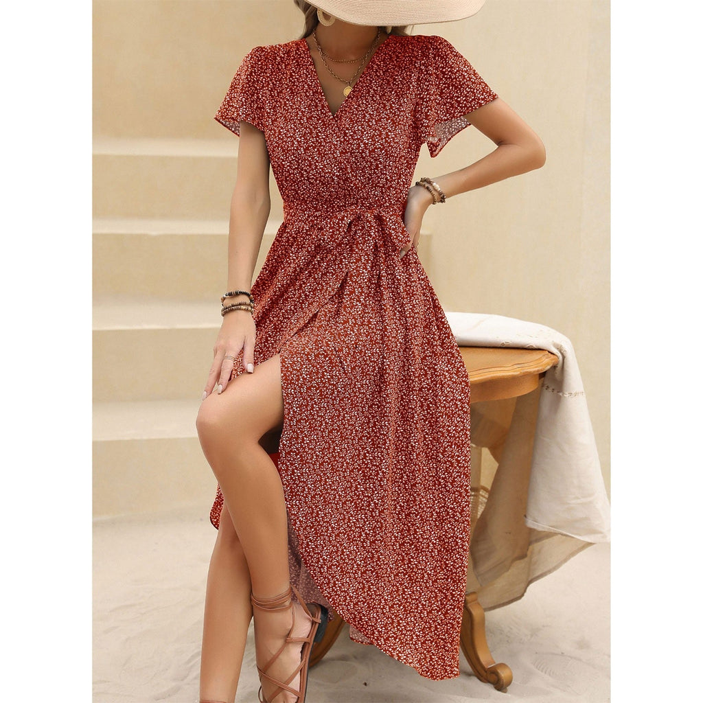 JuliaFashion - Sexy Vintage V-Neck Waist Tie-Up Boho Dress