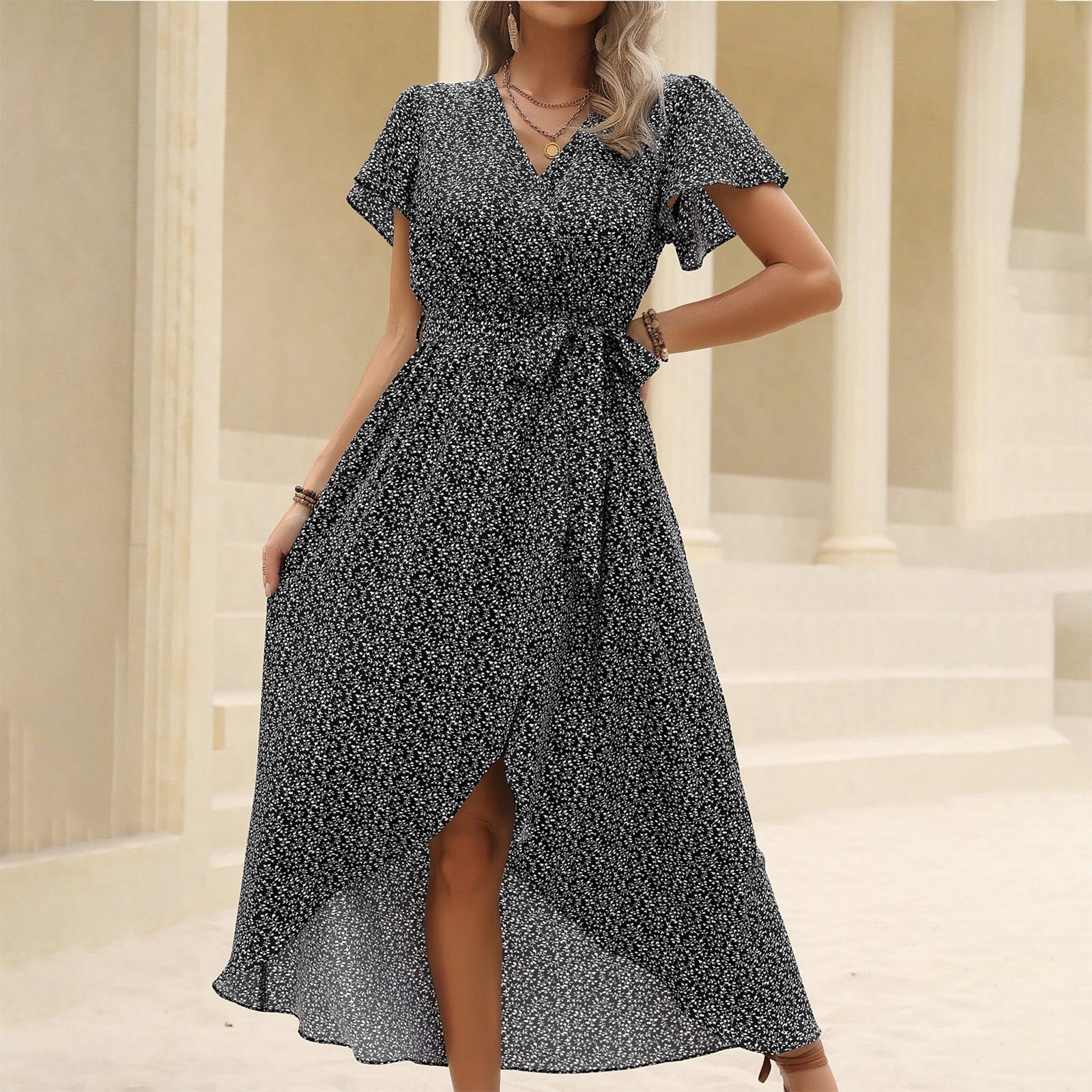 JuliaFashion - Sexy Vintage V-Neck Waist Tie-Up Boho Dress