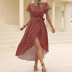 JuliaFashion - Sexy Vintage V-Neck Waist Tie-Up Boho Dress
