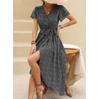 JuliaFashion - Sexy Vintage V-Neck Waist Tie-Up Boho Dress